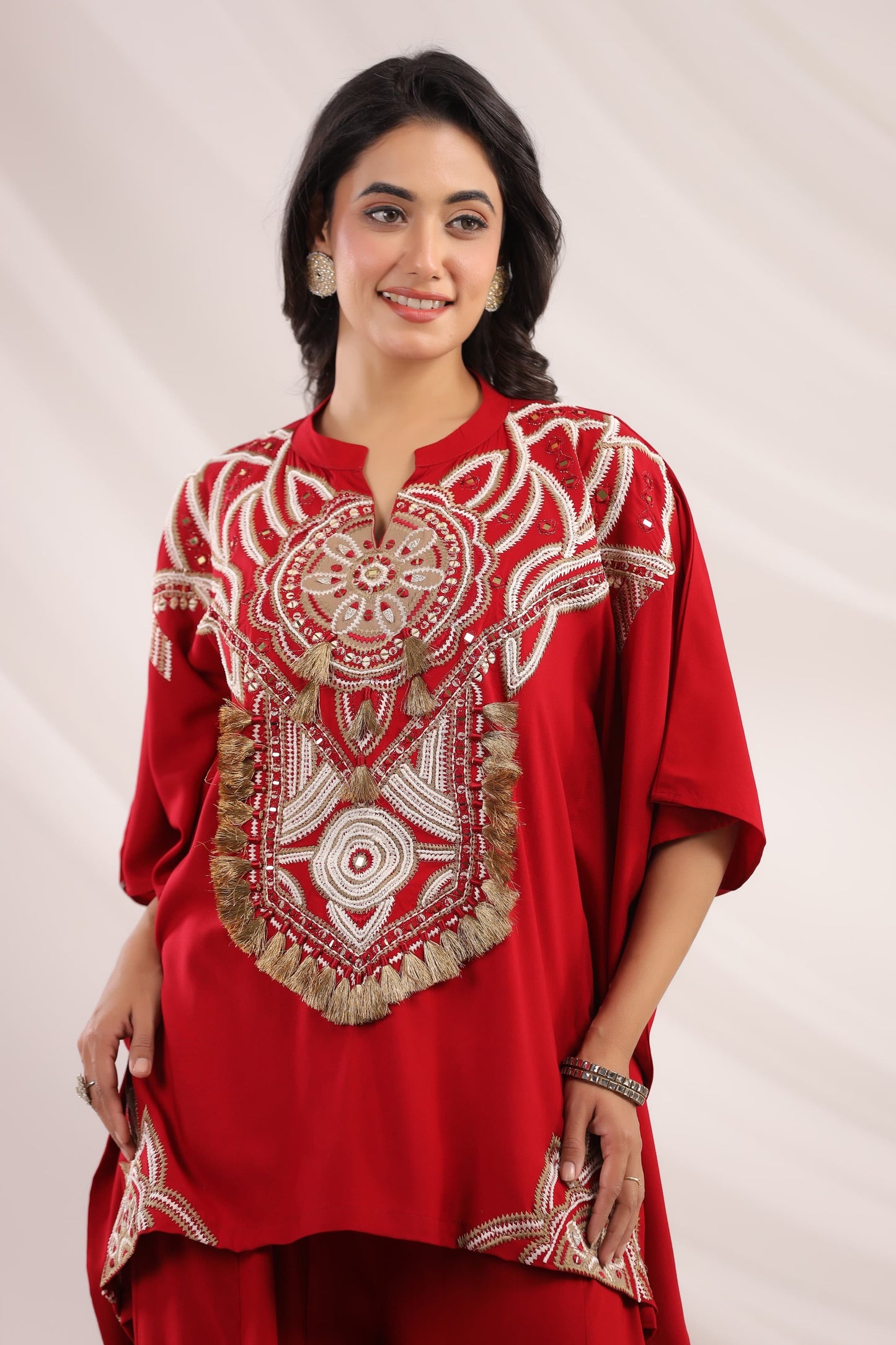 Marron rayon Indo western kaftan boho work co ord set
