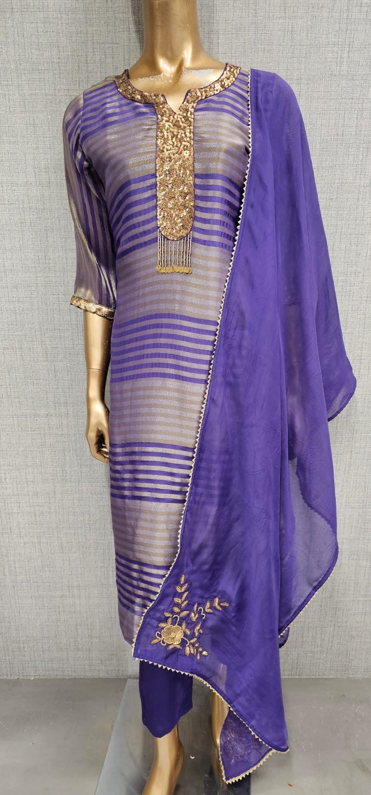 Tissue suit with organza Dupatta with handwork detailing