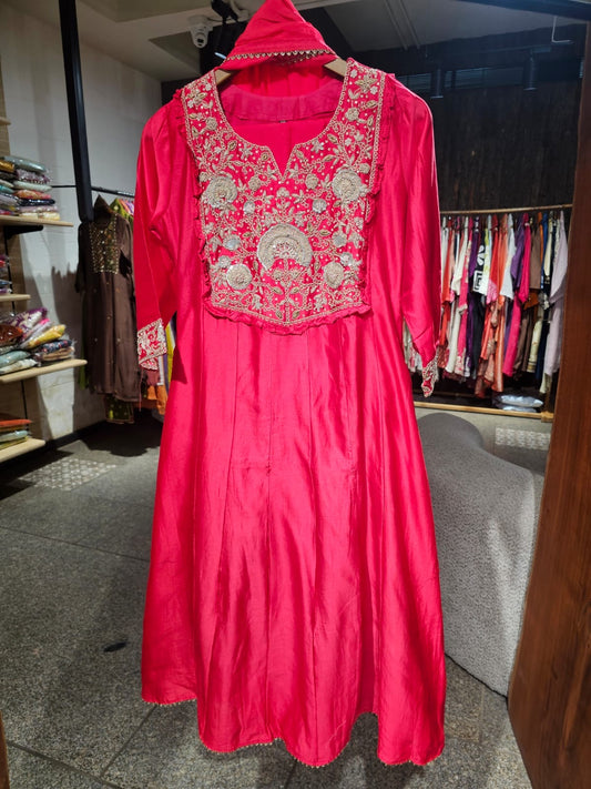 Luxe red heavy work with premium chandari fabric anarkali suit