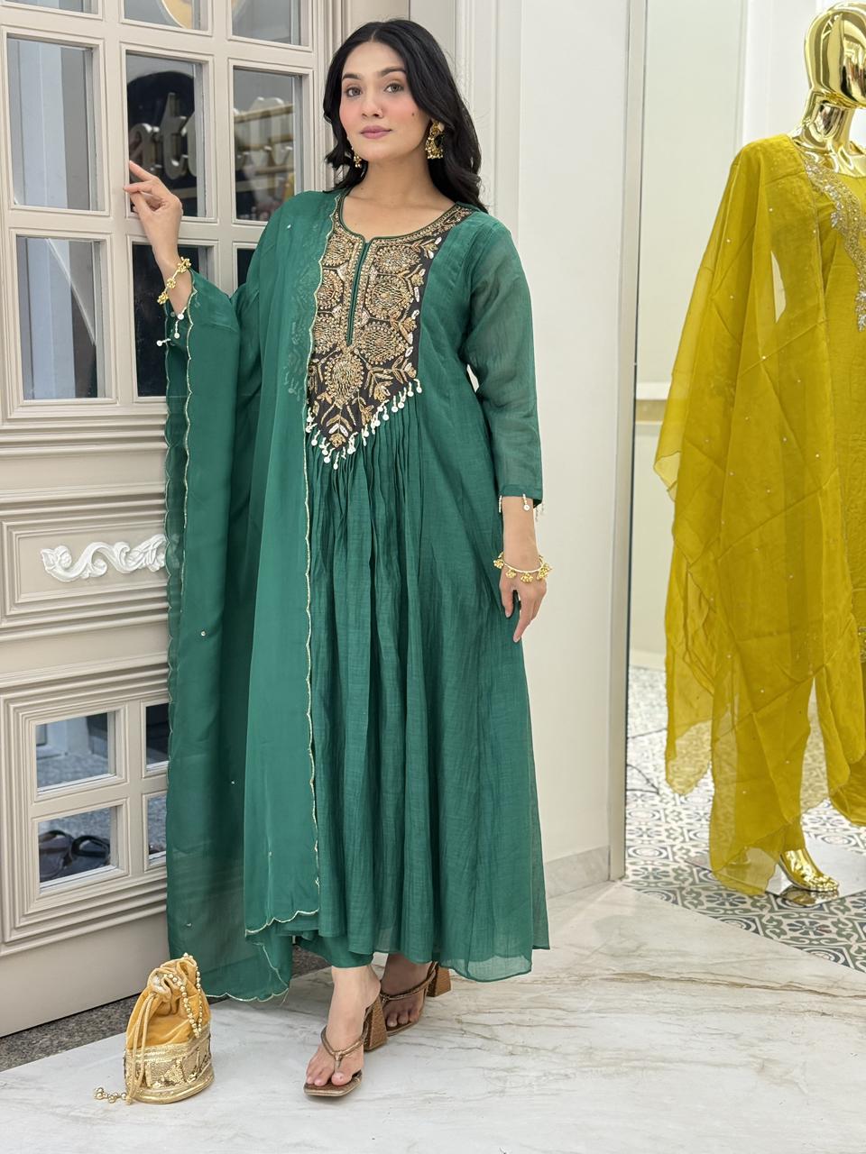 Bottle green  mul chandari Anarkali