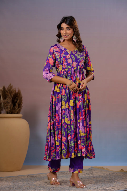 Purple floral chinon kurta pant