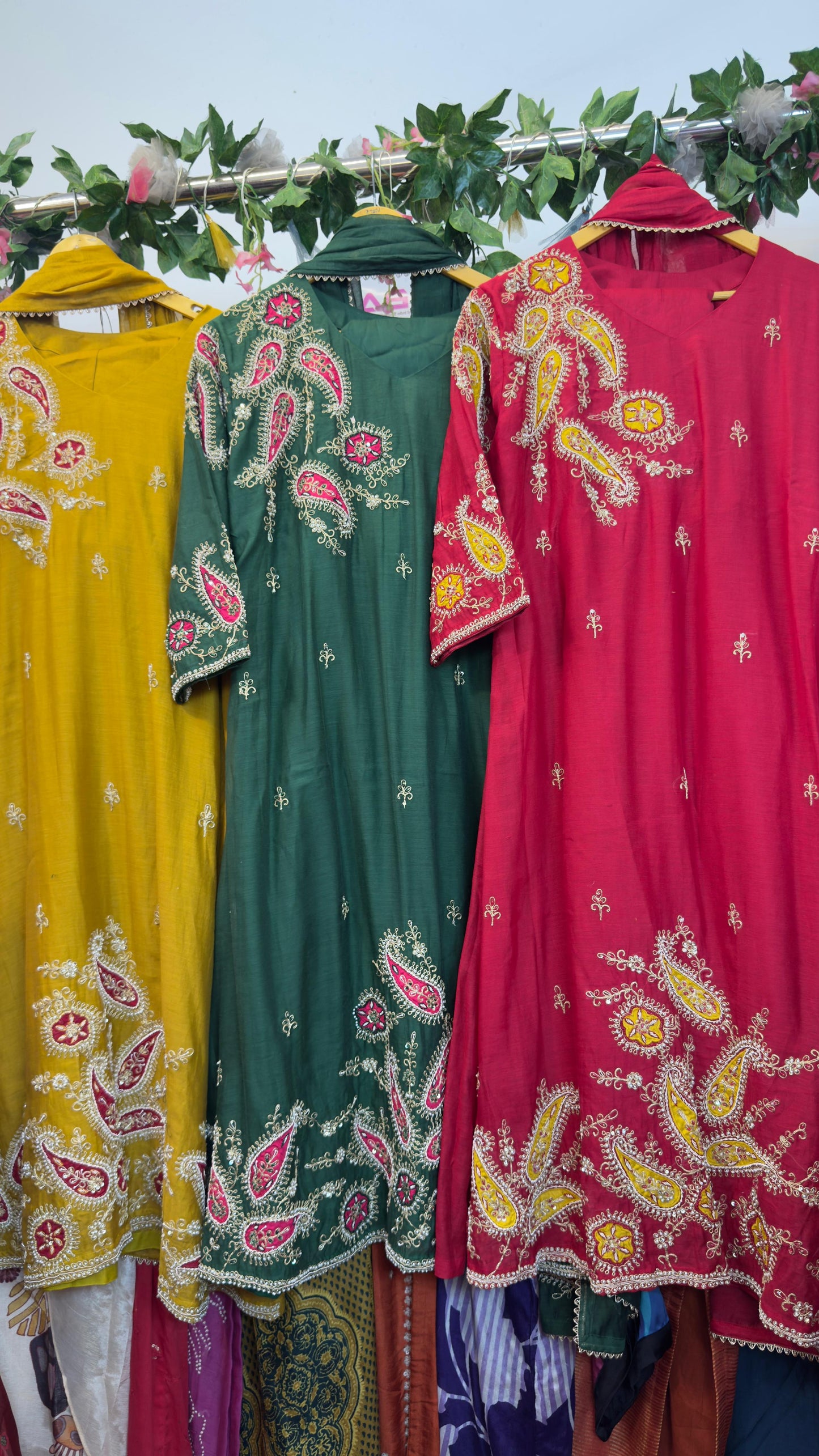 Silk appliqué Aline suit with mul chandari Dupatta and cotton silk pants