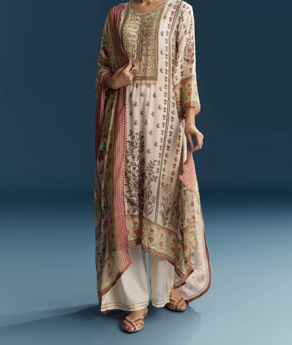 Mughal print crepe suit with pure chiffon Dupatta
