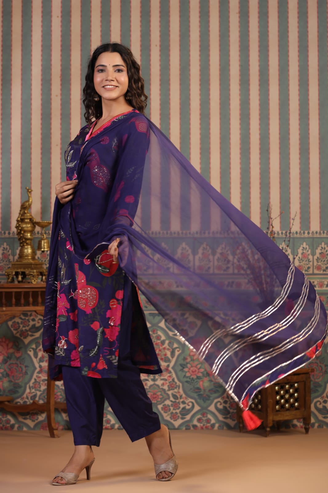 Muslin silk orangy & purple suit