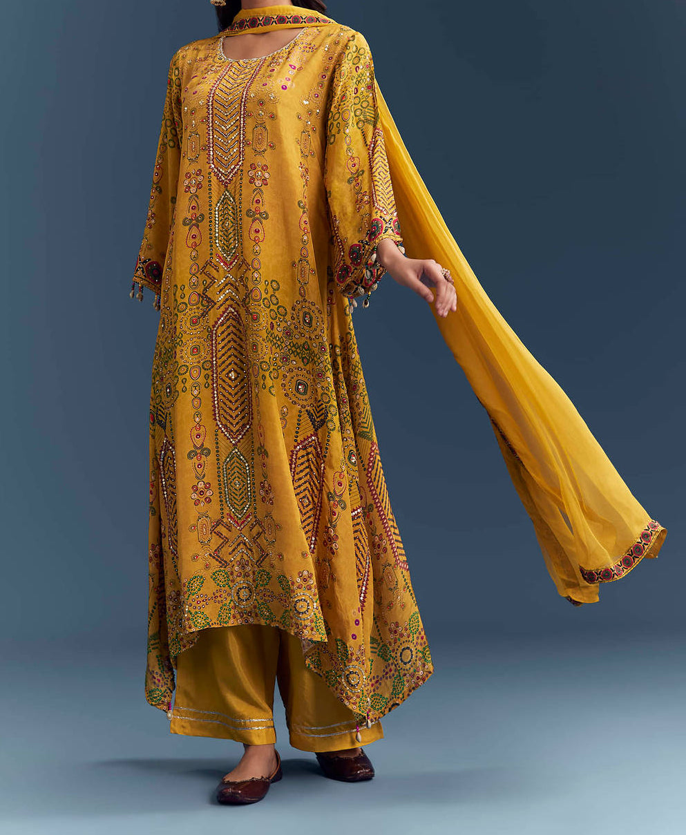 Yellow Pure natural crepe Aline suit length 47 with chiffon Dupatta and Santoon silk bottom