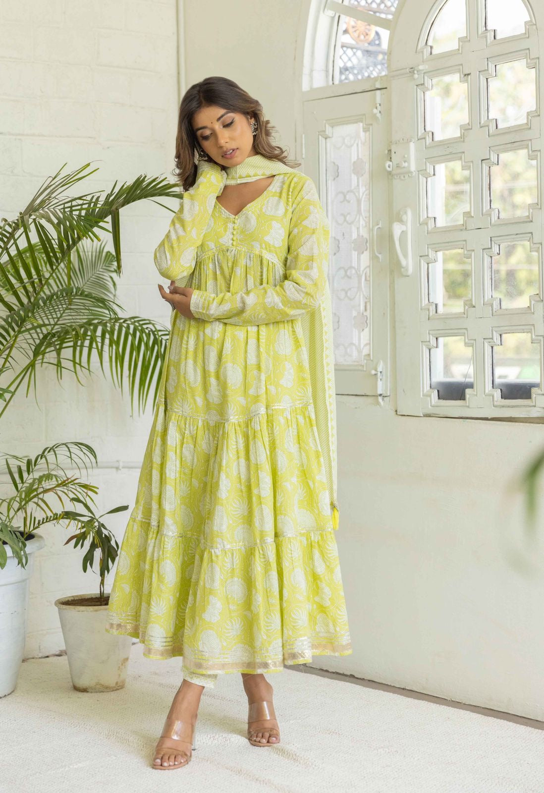 Preety green / purple cotton  layed anarkali