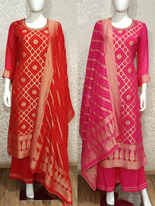 Khaddi Georgette pure suit( pink & red)