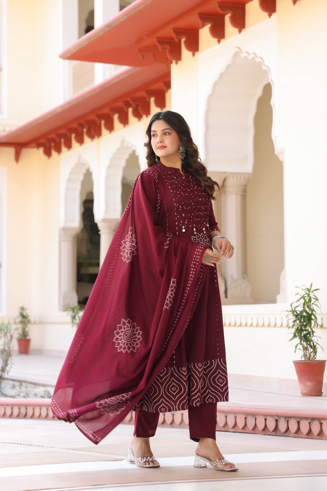 Maroon cotton Bandhani real mirror work detailing