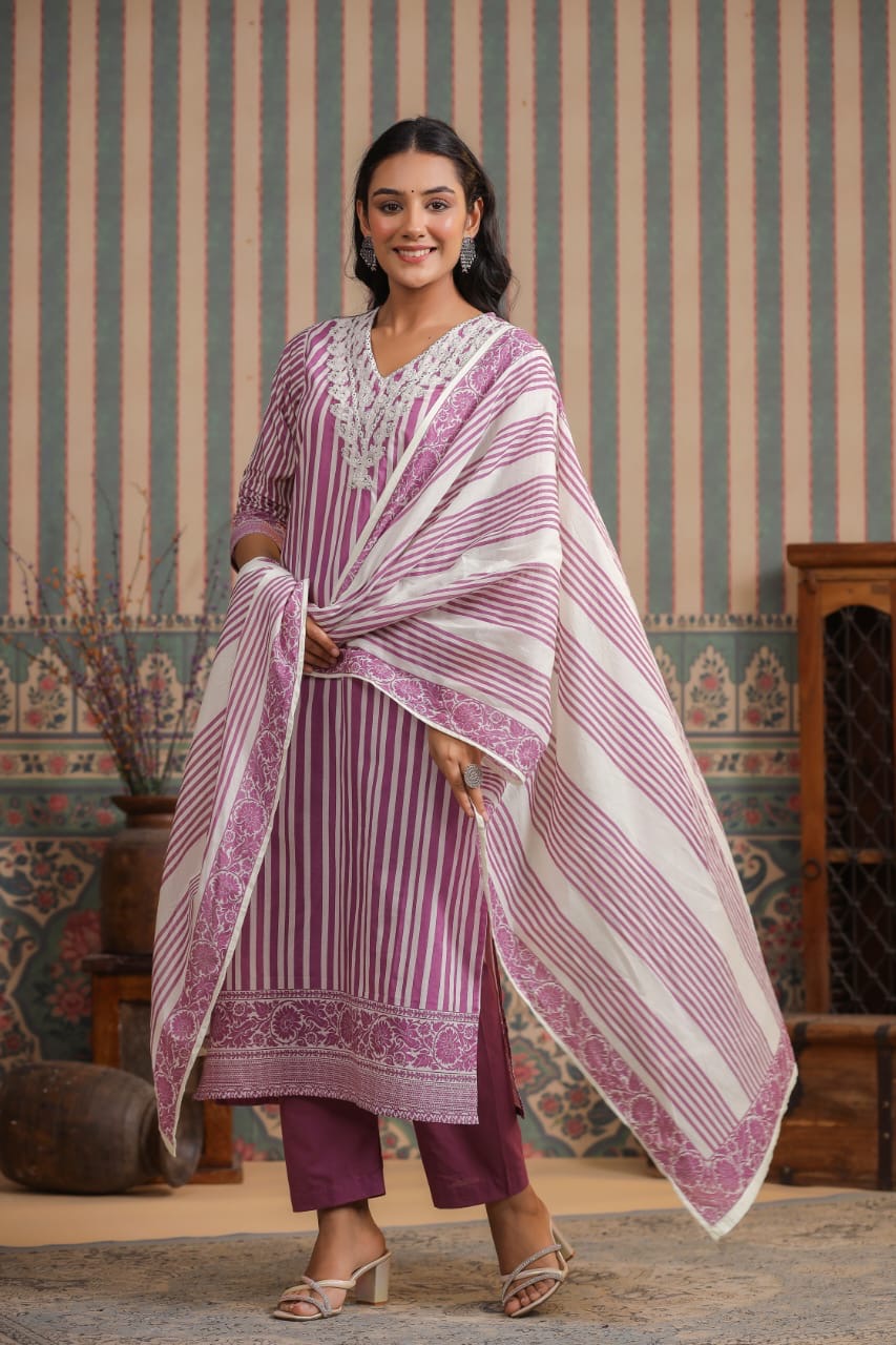 Strip cotton kurta pant duppata set