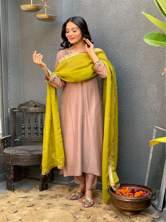 Brown square neck silk suit