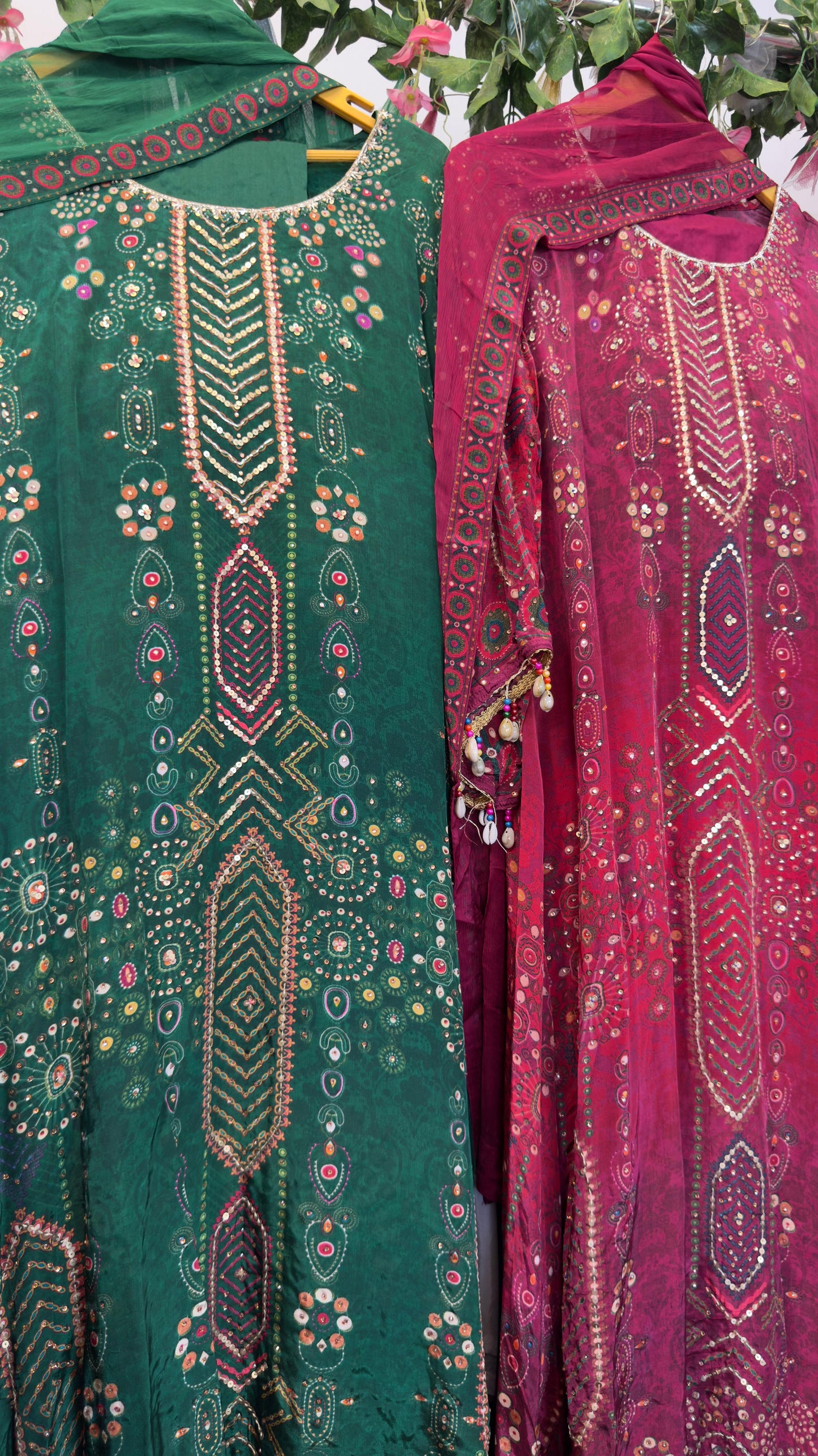 Pure natural crepe Aline suit length 47 with chiffon Dupatta and Santoon silk bottom