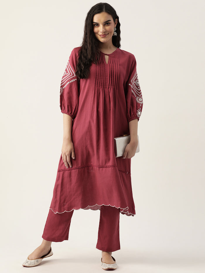Marron EMBROIDERED KURTA PANT SET