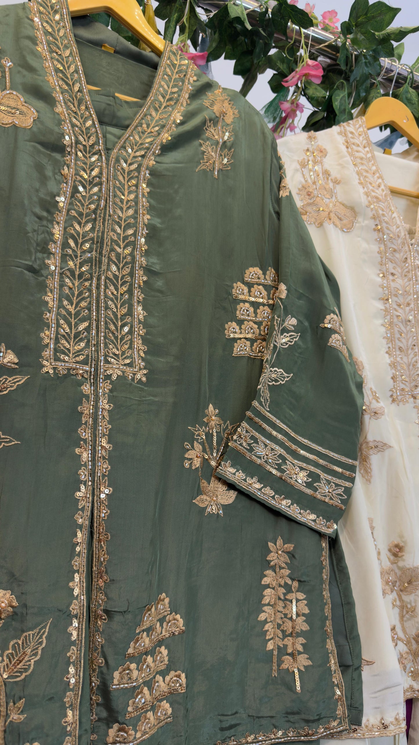 Natural Crepe embroidery on shirt paired with divider