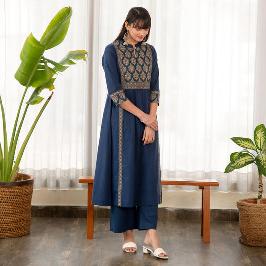Indigo Blue Cotton Printed Yoke A-Line Kurta