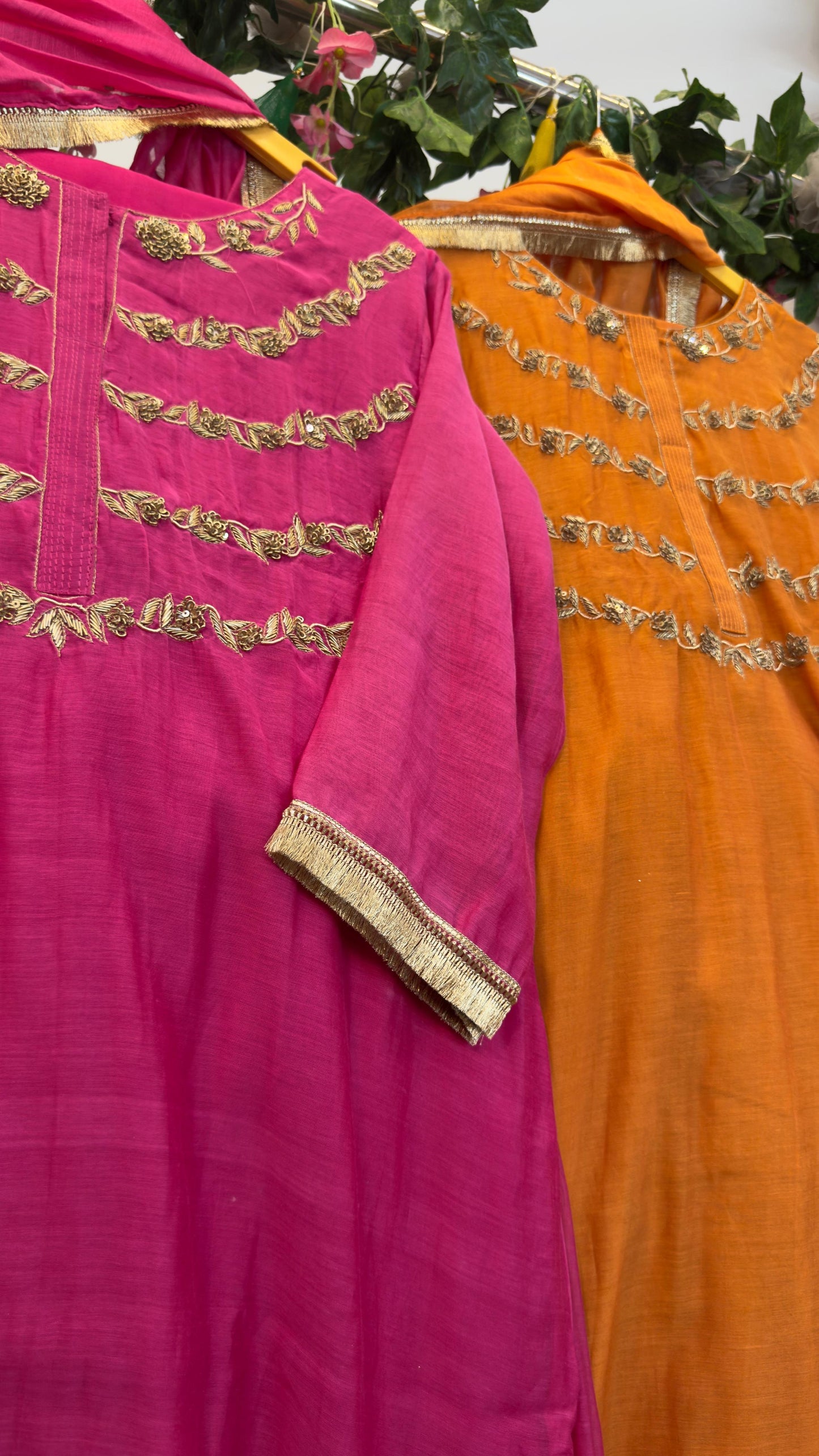 Festive bright shade mul chandari in handwork