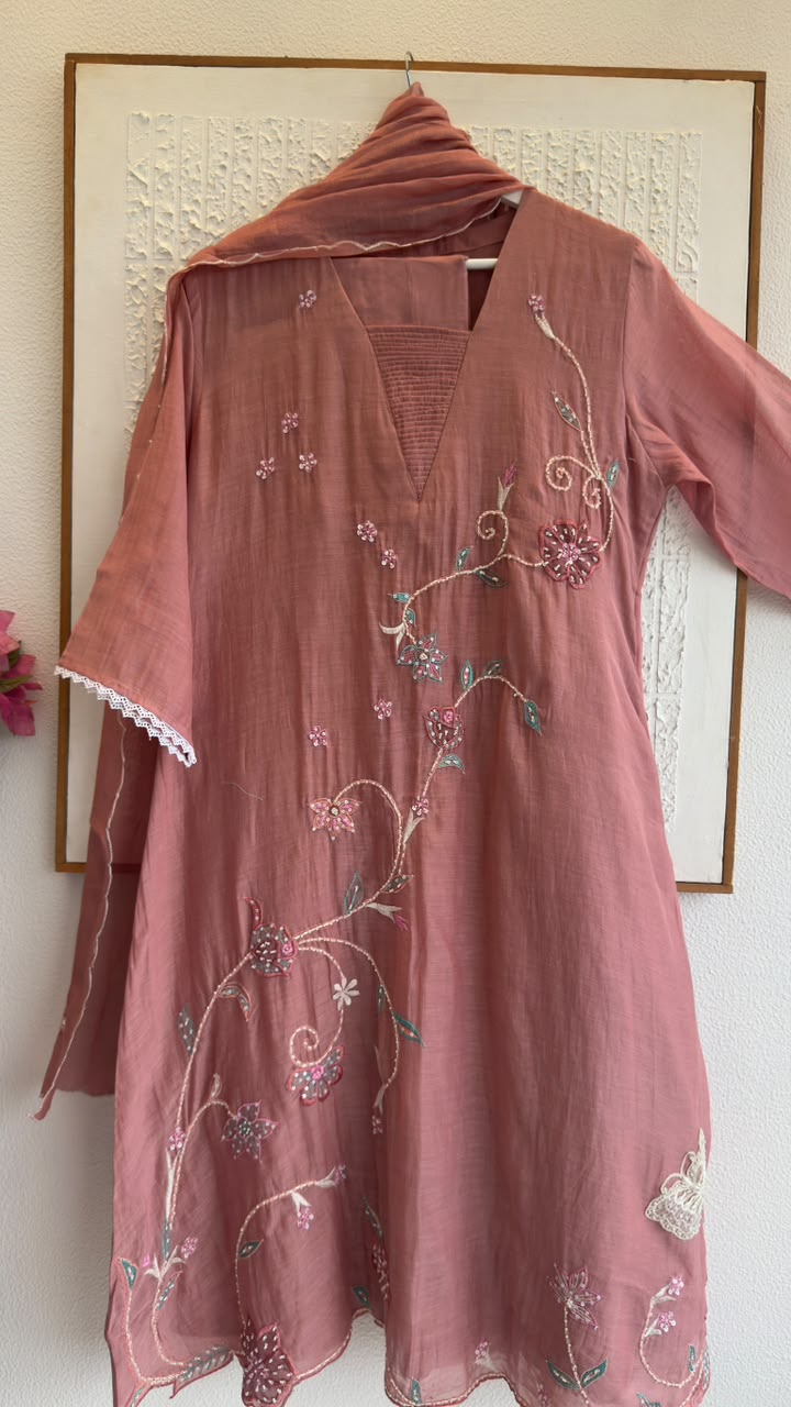 Elegant minimalist handwork mul chandari suit
