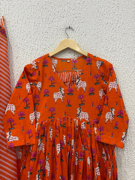 Orange picwai cotton Anarkali suit