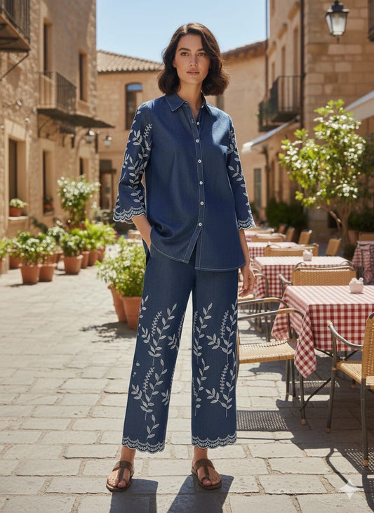 Demin cotton co ord set with embroidery