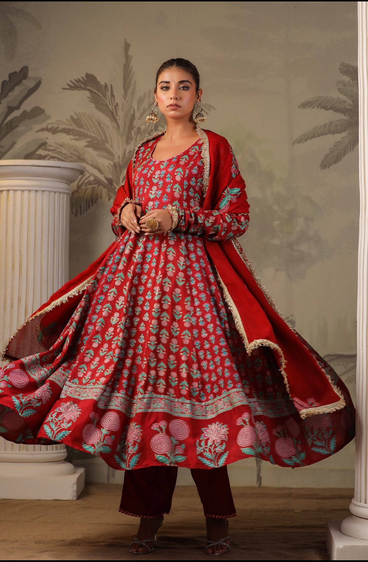 Red Block Print Mughal Print  Anarkali