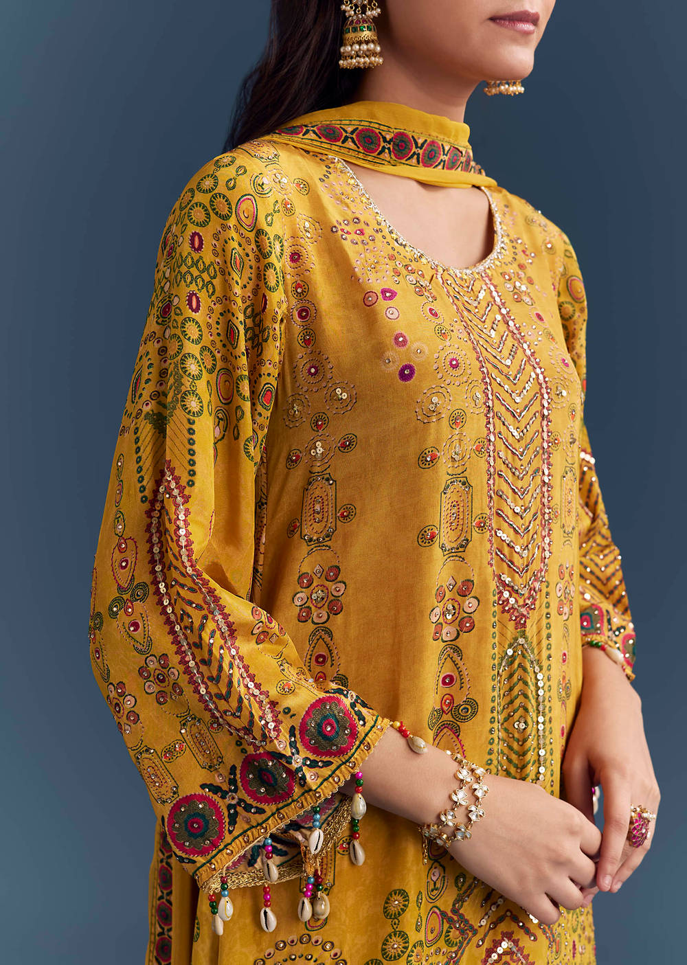 Yellow Pure natural crepe Aline suit length 47 with chiffon Dupatta and Santoon silk bottom