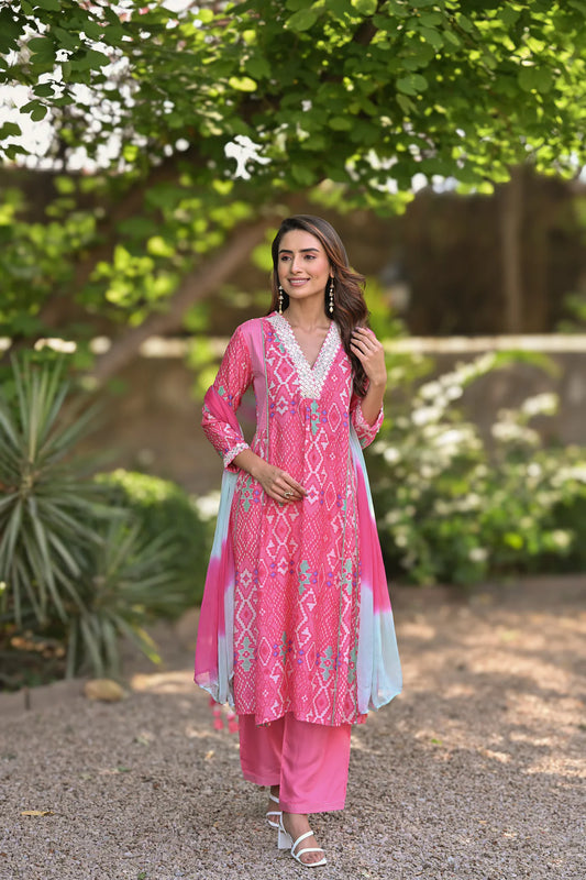 Pink & yellow Pure Muslin Patola Print A line Suit Set with Thread Work on Neck and Shaded Dupatta