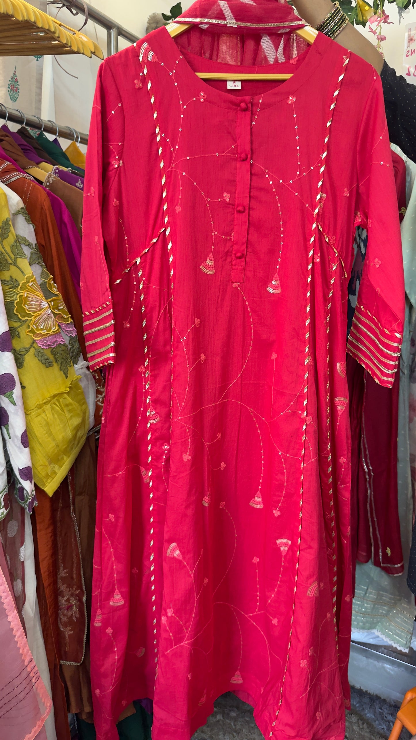 Red lady premium cotton Aline suit with kota doria dupatta