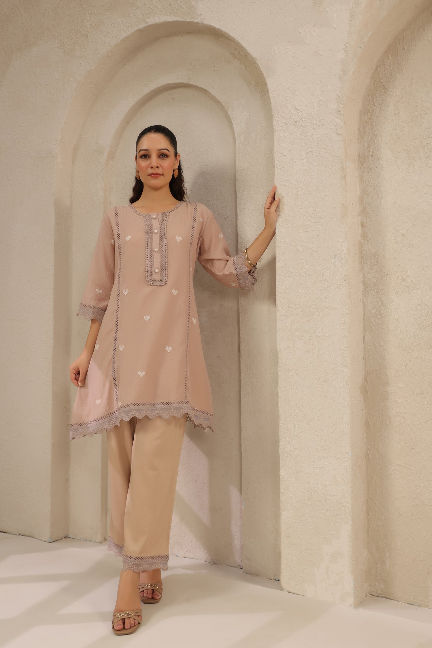 Heart Ivory pink mul chandari co ord set