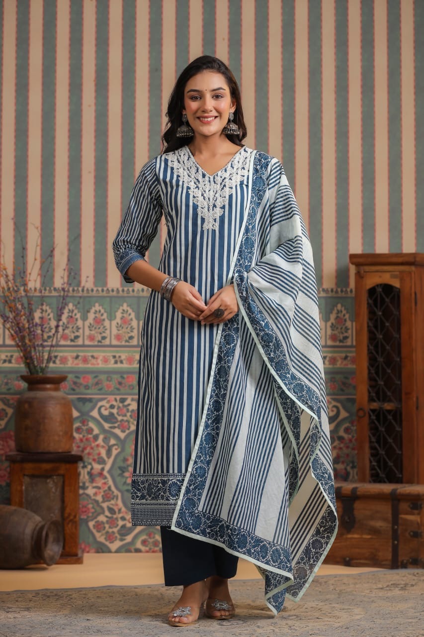 Strip cotton kurta pant duppata set