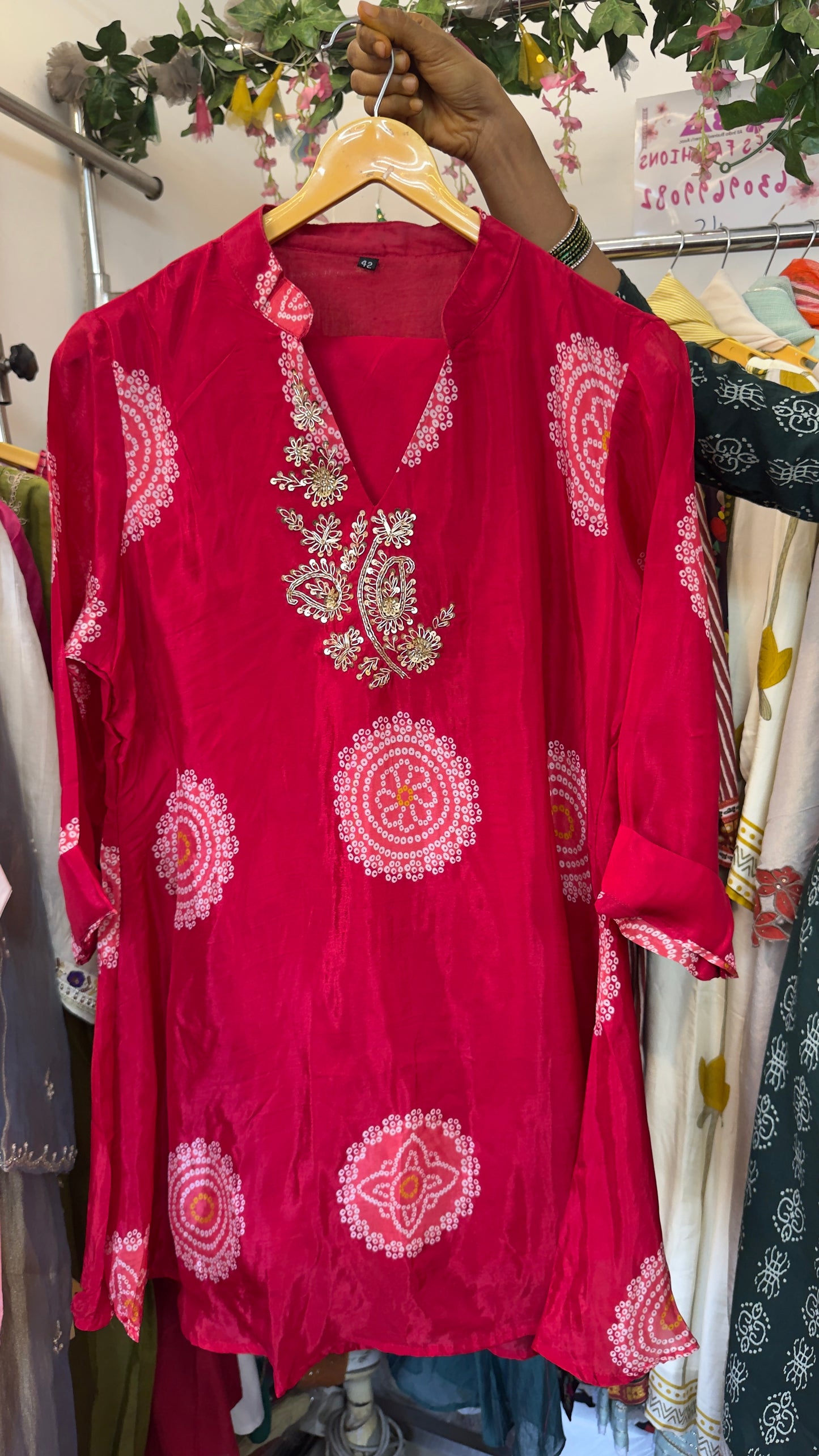 Pink/red Bandhani silk co ord set with handwork