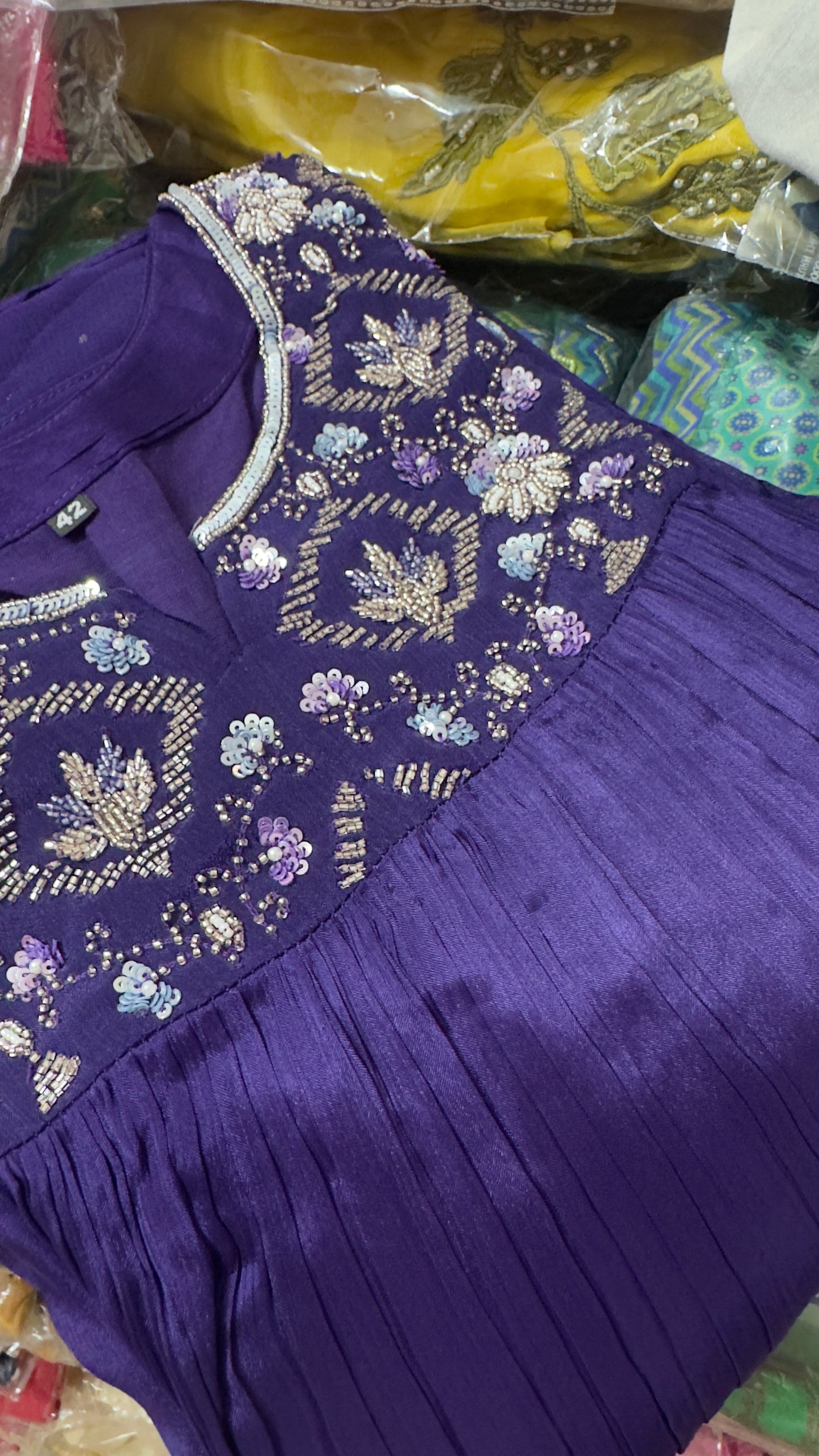 Purple chinon Anarkali with Hand work