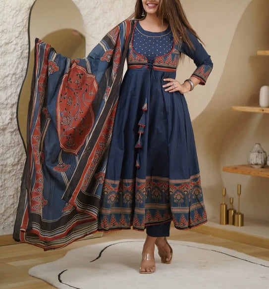 Ajrakh blue cotton Anarkali