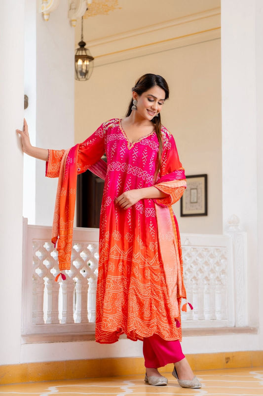 Pink orange Bandhani crepe Aline suit