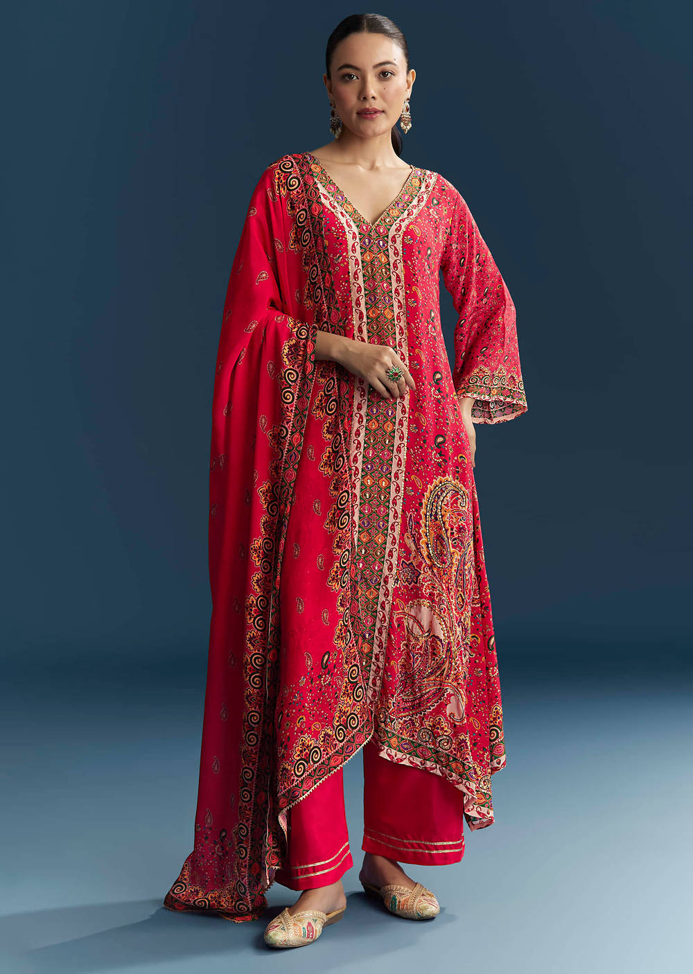 Red Mughal print crepe suit