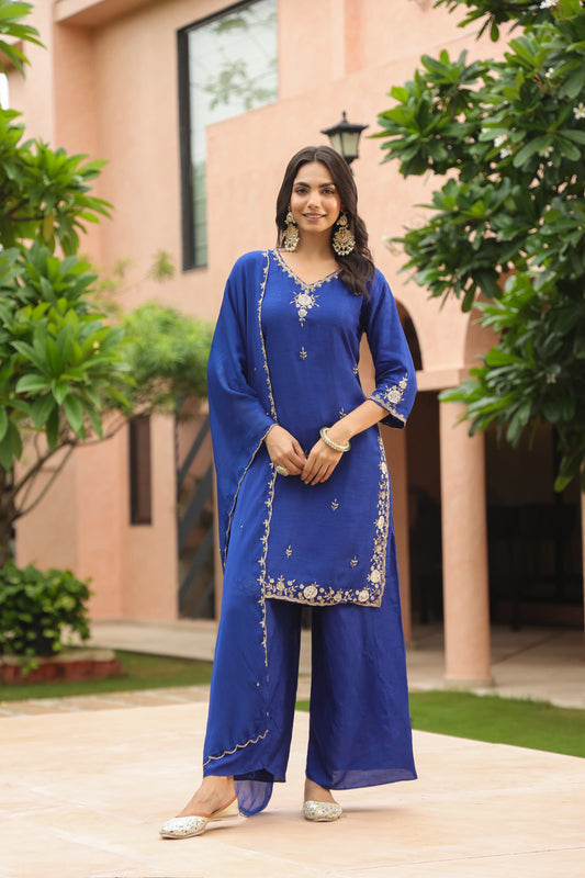 Royal blue silk hand work suit