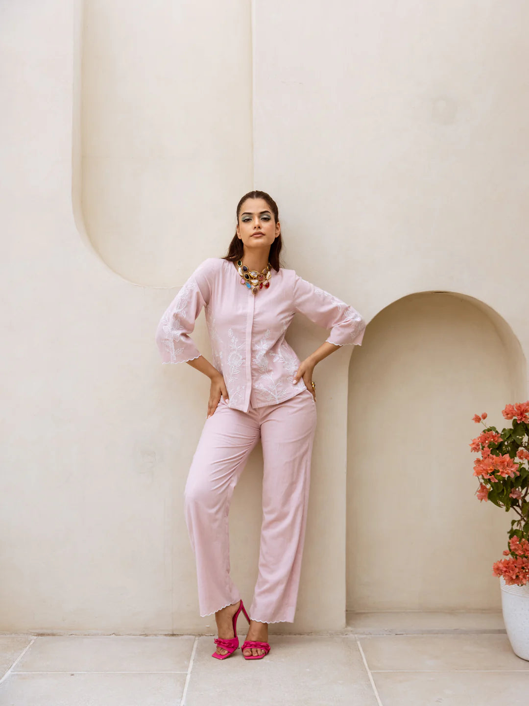 Mia pink embroidery co-ord set