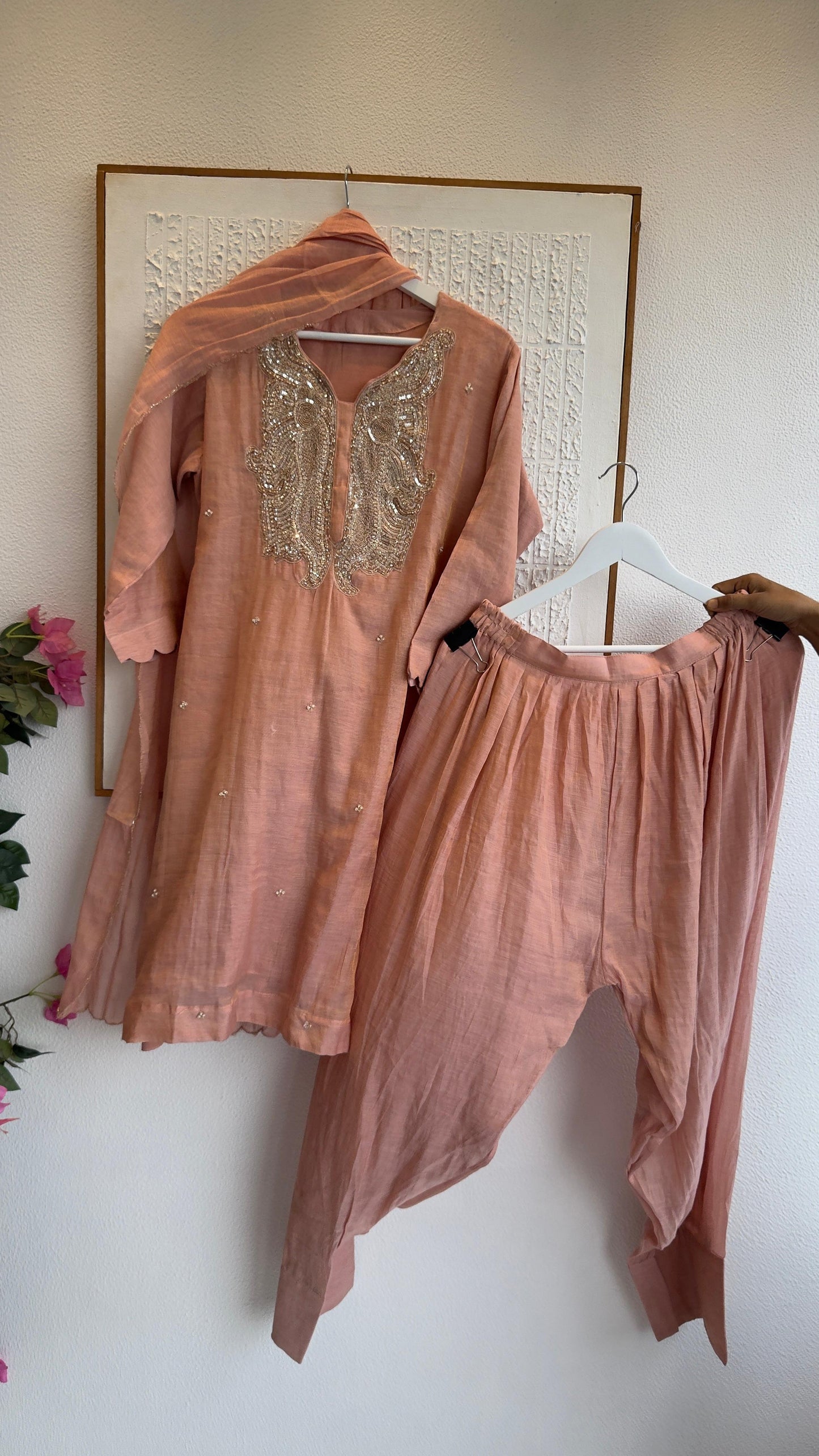Luxe tissue chandari  Farshi pants with short straight kurta  suit