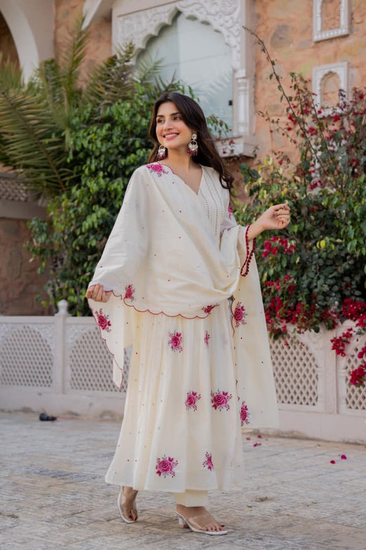 Cream mul cotton embroidery Anarkali