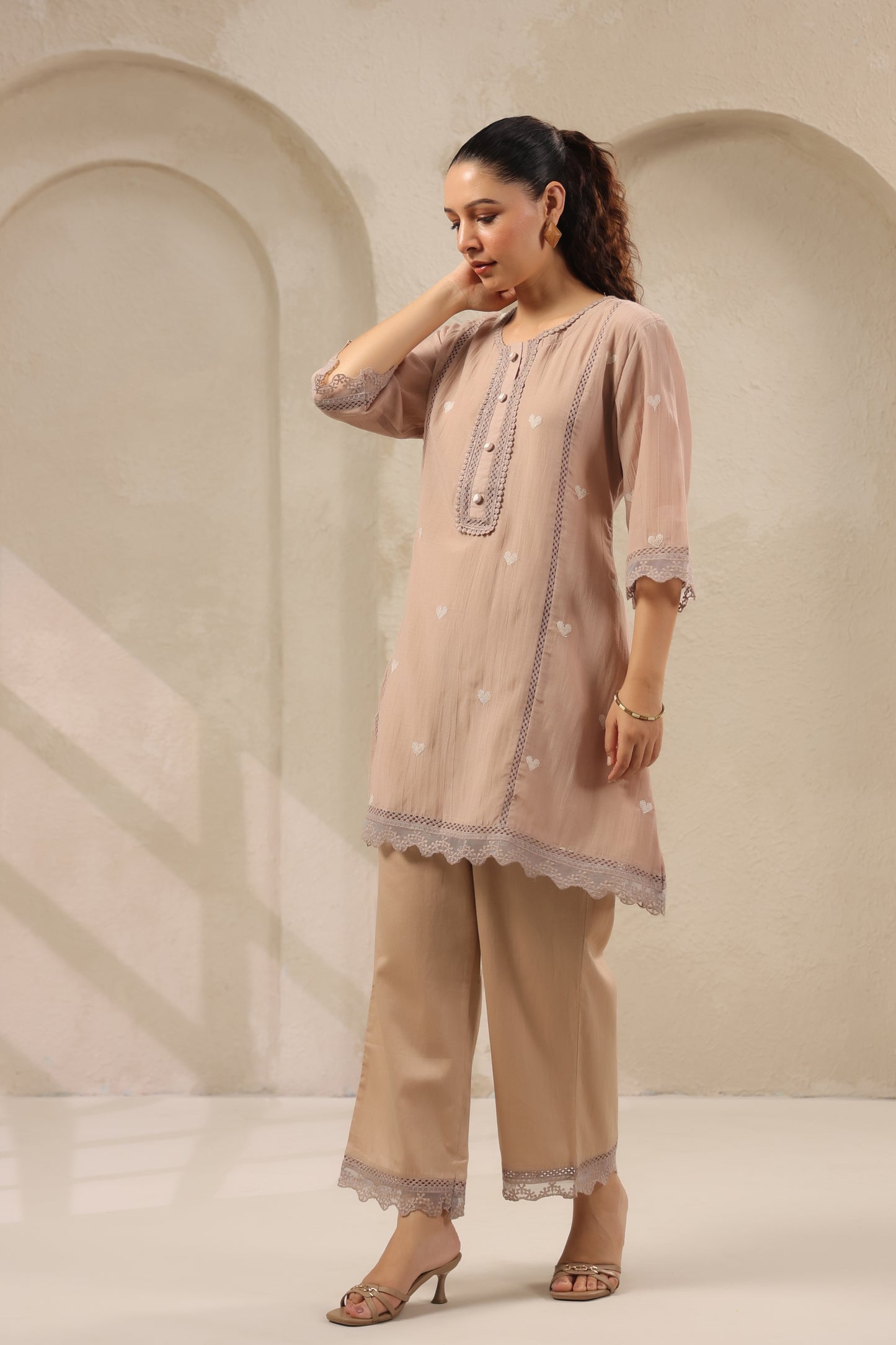 Heart Ivory pink mul chandari co ord set