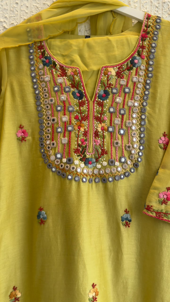 Real mirror work chandari silk with soft organza dup