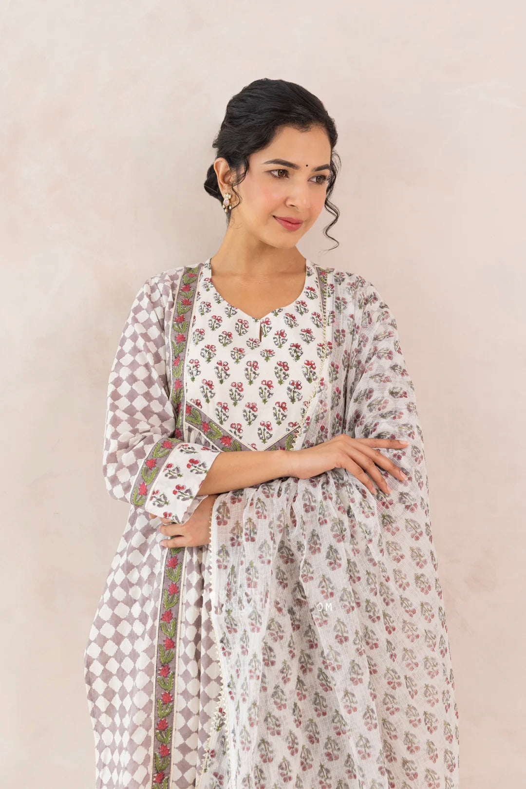 Grey COTTON BLOCK PRINT CHECKS FRONT GATHER KURTA SET
