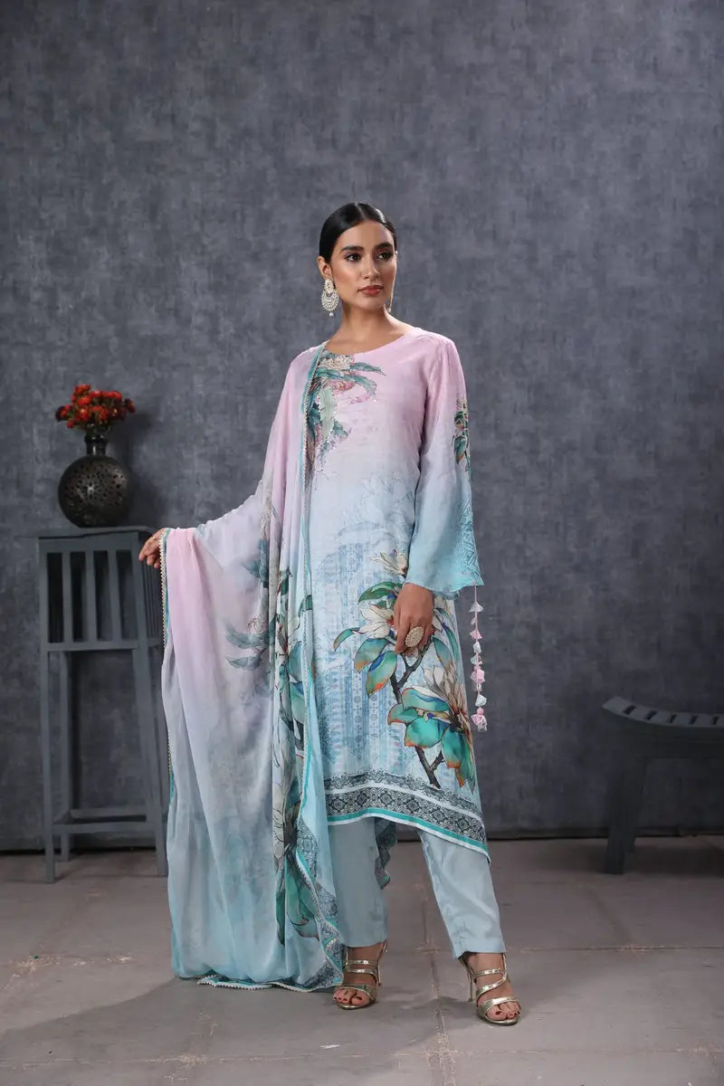 SEA GREEN MUSLIN HANDKERCHIEF CUT KURTA SET