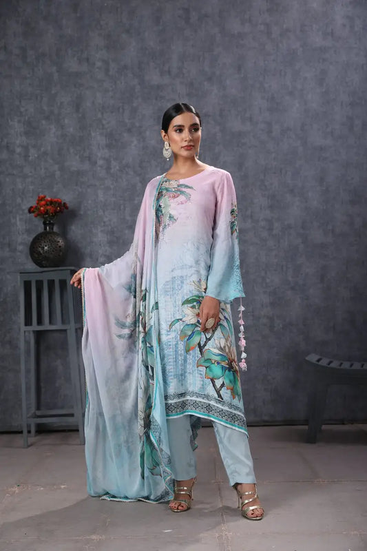 SEA GREEN MUSLIN HANDKERCHIEF CUT KURTA SET