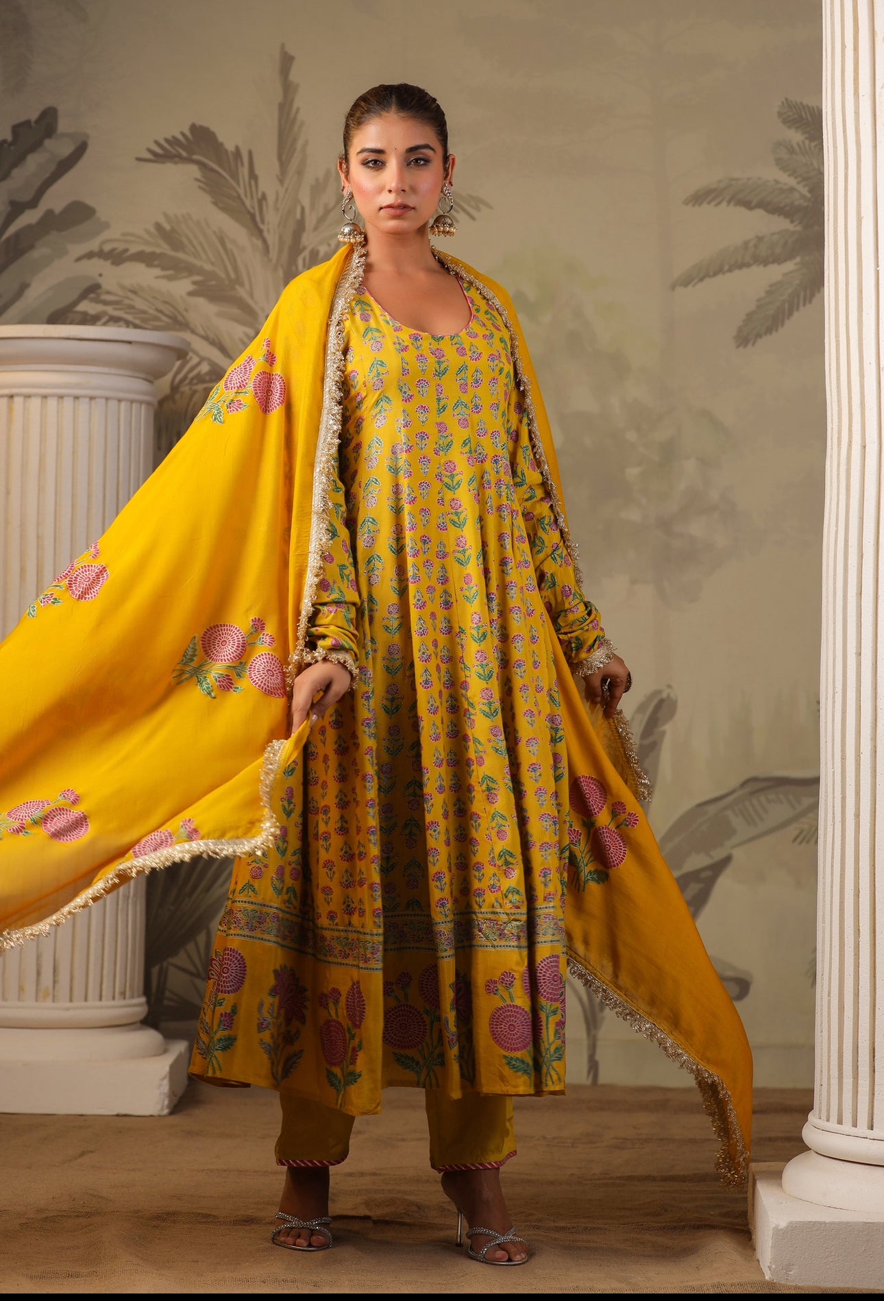 Yellow Block Print Mughal Print  Anarkali Suit