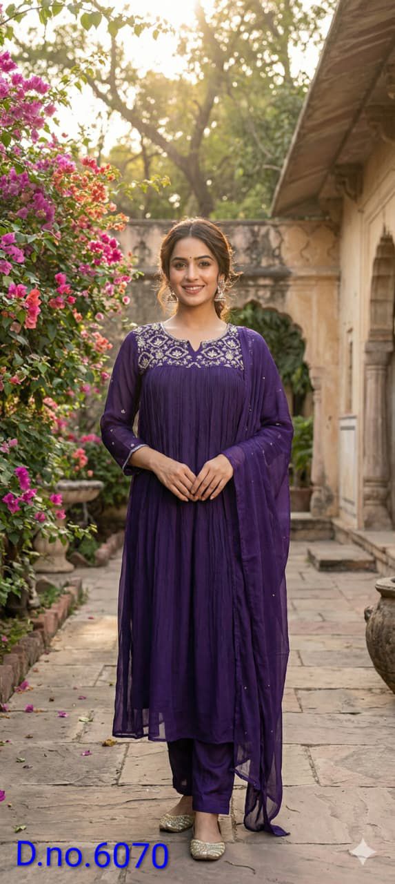 Purple chinon Anarkali with Hand work