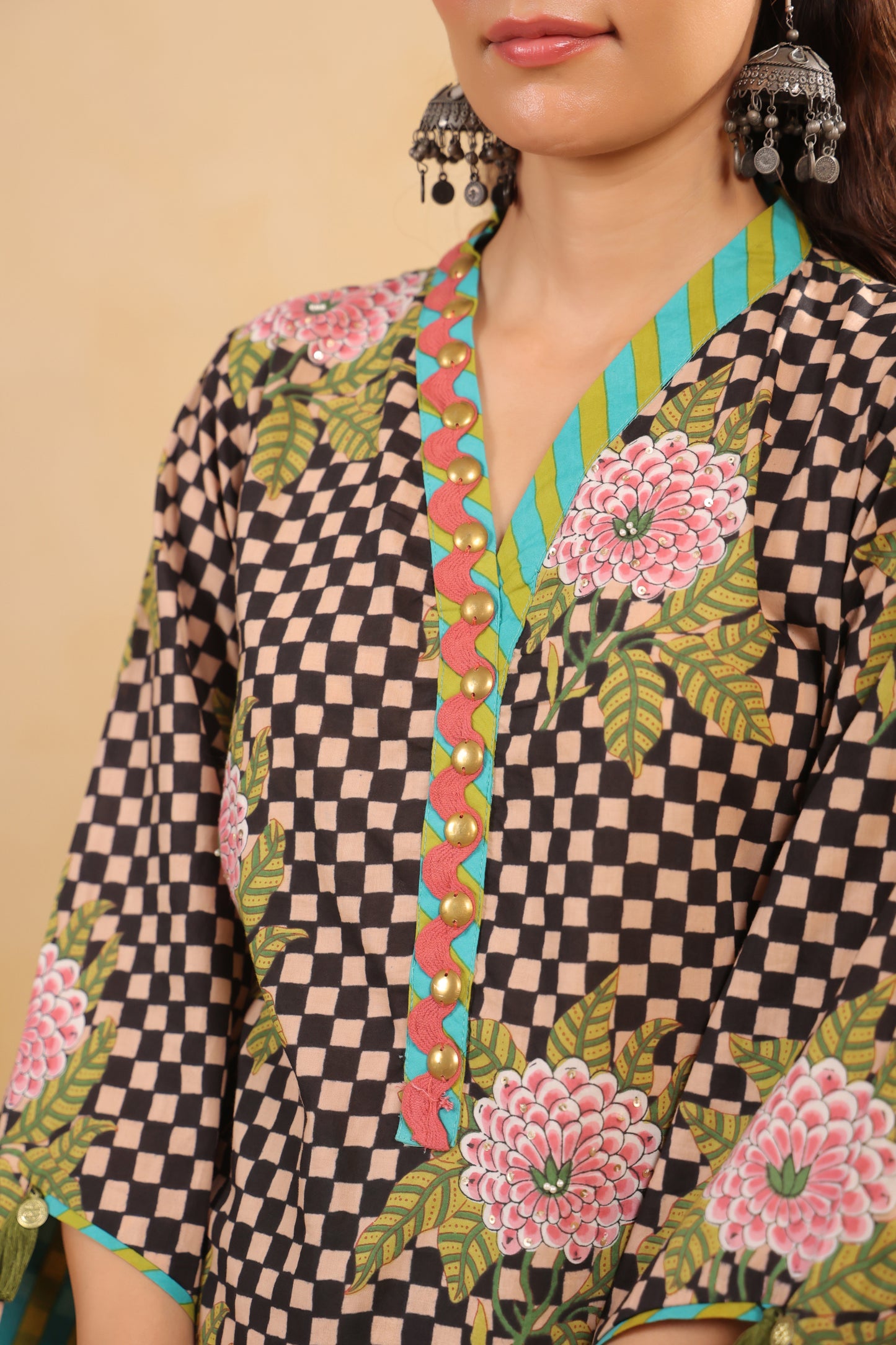 Black Gomertical cotton premium suit with beautiful detailing & kota doria dupatta