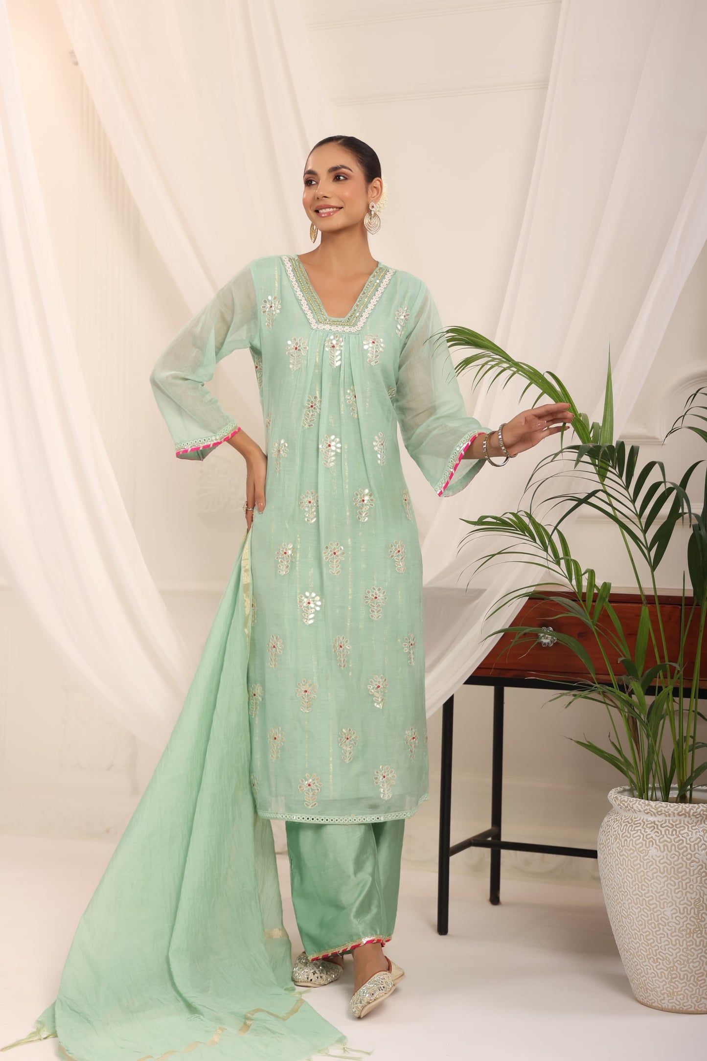 Blue Beautiful gota Full Suit Set With Dupatta In Mul Chanderi Fabric