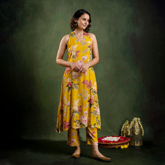 Mustard Printed Modal Embroidered Co-Ord Set
