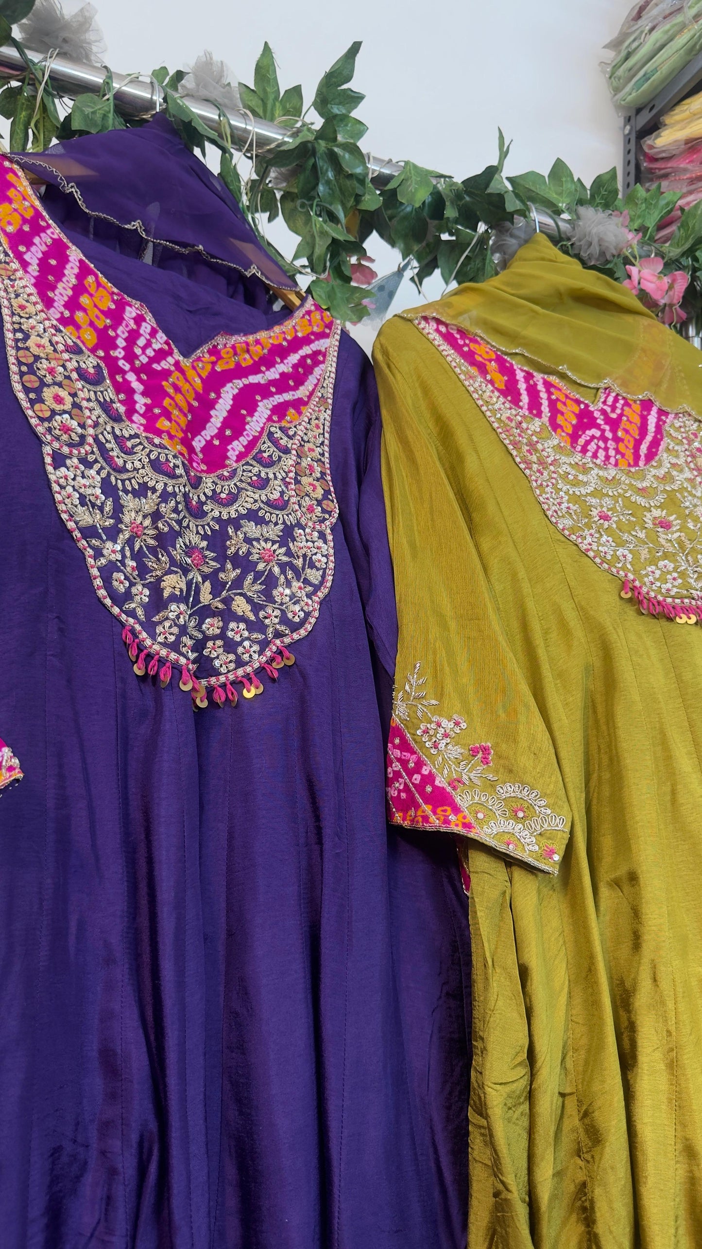 Pure silk Bandhani appliqué and handwork Anarkali