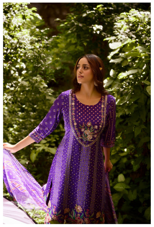 Purple  Bandhani Russian silk suit