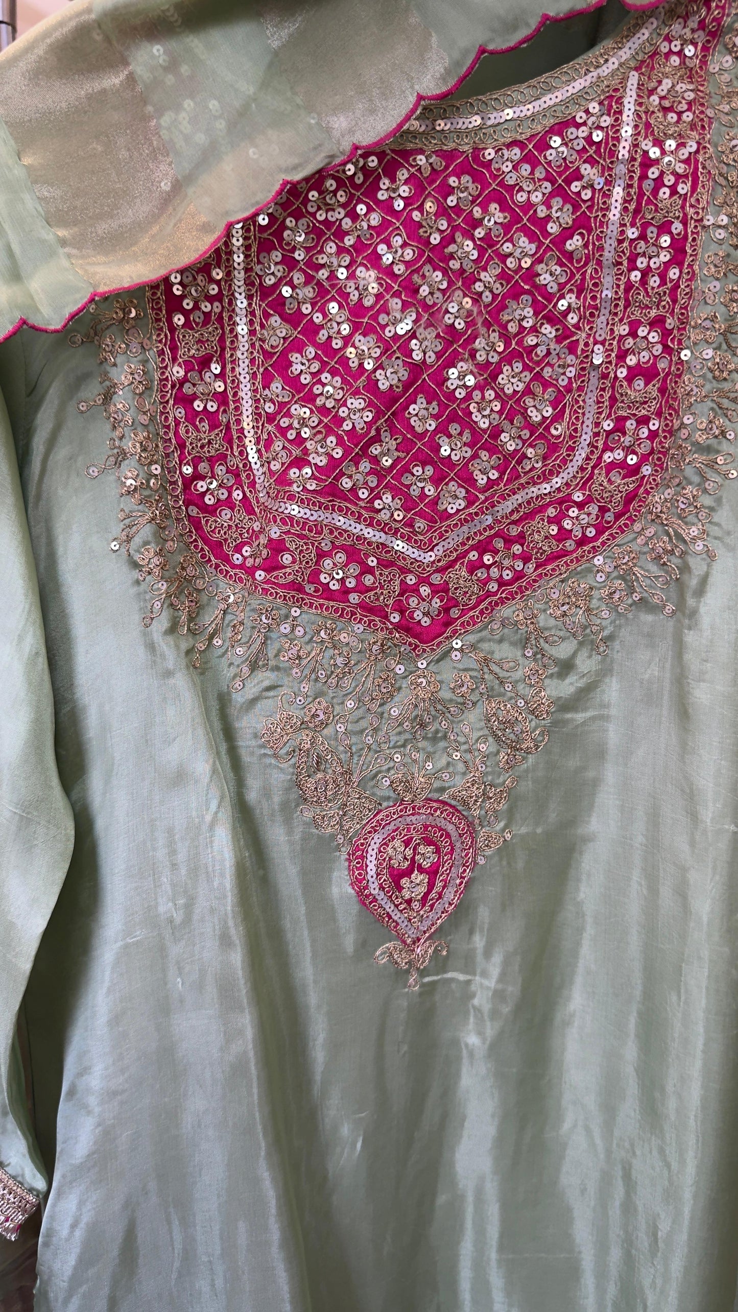 Ethnic style in pure crepe suit with tissue dup & silk pants